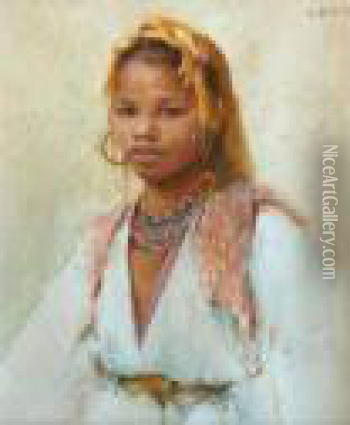 Portrait De Jeune Fille En Costume Traditionnel. Oil Painting - Alphonse Birck