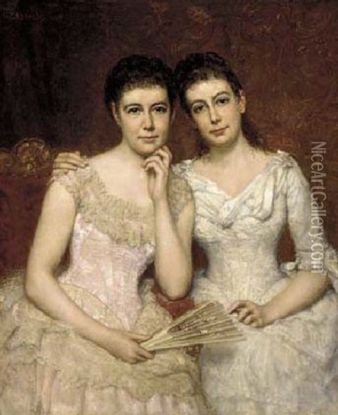 Portrait Of Miss Sophie Burnley And Miss Charlotte Heath Burnley In White And Pink Dresses, In An Interior Oil Painting - George Peter Alexander Healy