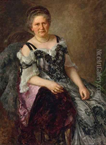 Dreiviertelportrait Einer Sitzenden Dame Im Ballkleid Mit Perlenkette Oil Painting - Georg Papperitz