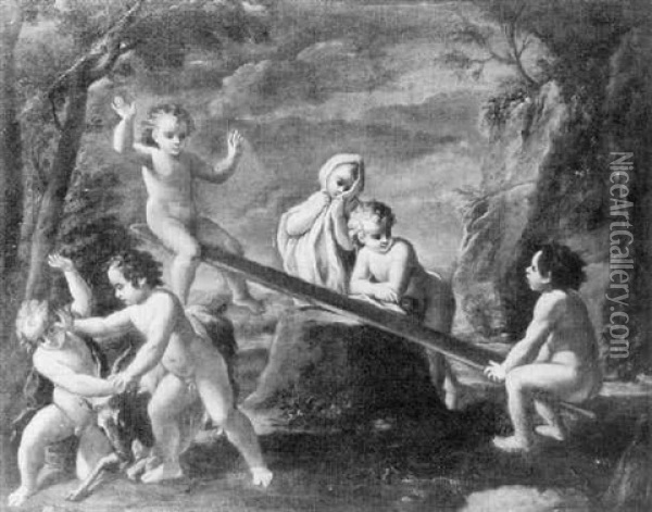 He Young Bacchus Tussling With A Goat, Putti Playing On A See-saw Beyond Oil Painting - Giuseppe Gambarini
