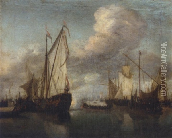 A States Yacht And Many Other Vessels In A Very Light Air Oil Painting - Willem van de Velde the Elder