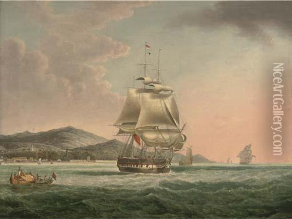 A Frigate Setting Sail Off Penang Oil Painting - William Huggins