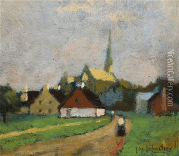 Village Oil Painting - John Young Johnstone