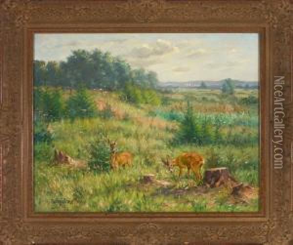 Rehbock Und Ricke Am Waldrand Vor Weiter Landschaft Oil Painting - Heinrich Schutz