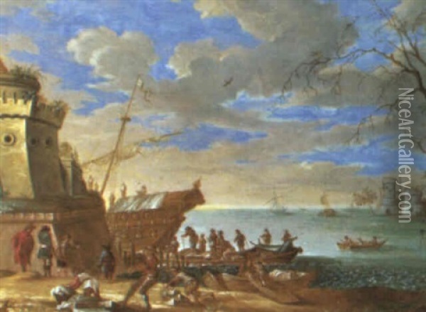 Vue De Port Mediterraneen Oil Painting - Johann Wilhelm Baur