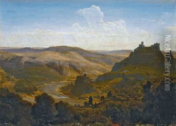 Flusslandschaft Mit Burgen Und Einer Befestigten Stadt Oil Painting - Karl Friedrich Lessing