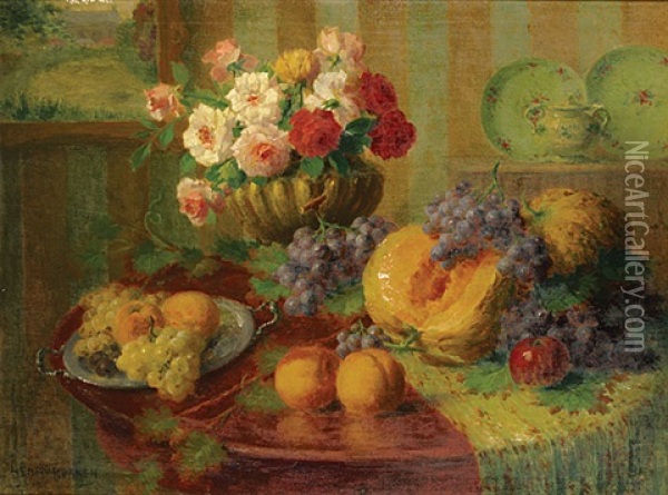 Stilleven Met Fruit En Bloemen Oil Painting - Henri Kokken