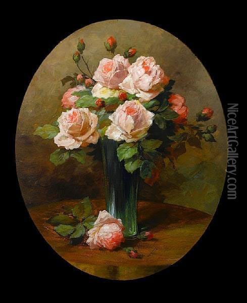 Still Life Of Roses In A Glass Vase Oil Painting - Wilhelm Schutze