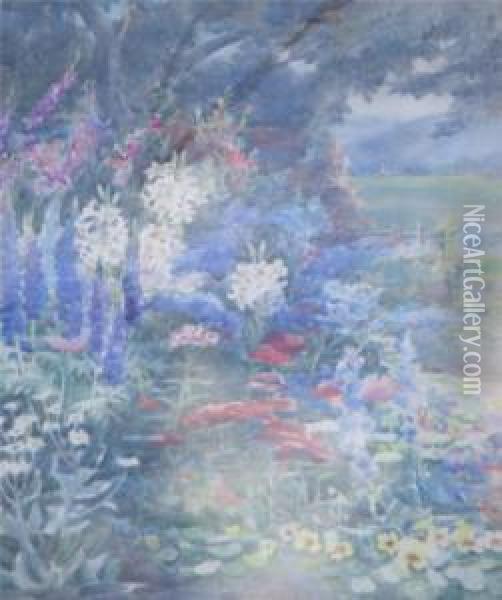 Flowers With Hills Beyond Oil Painting - Mary Stevens