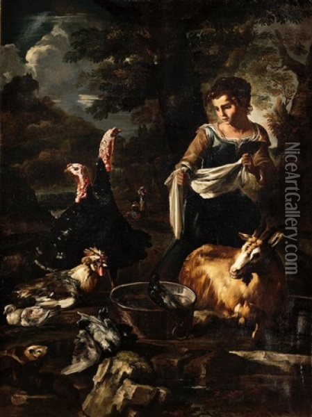 A Washerwoman Surrounded By Poultry, Guinea Pigs And A Goat Oil Painting - Giovanni Agostino (Abate) Cassana