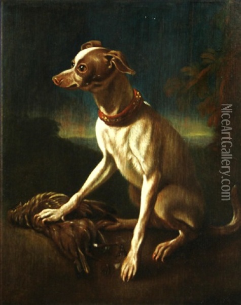 A Dog With A Dead Bird In A Landscape Oil Painting - Abraham Danielsz Hondius