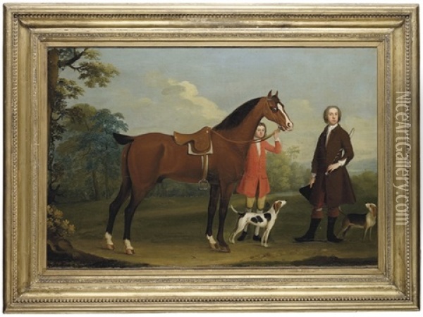 Portrait Of A Gentleman, Presumably William Fitzherbert, 1st Bt., With A Bay Hunter Held By A Groom And Two Hounds, In A Landscape Oil Painting - Richard Roper