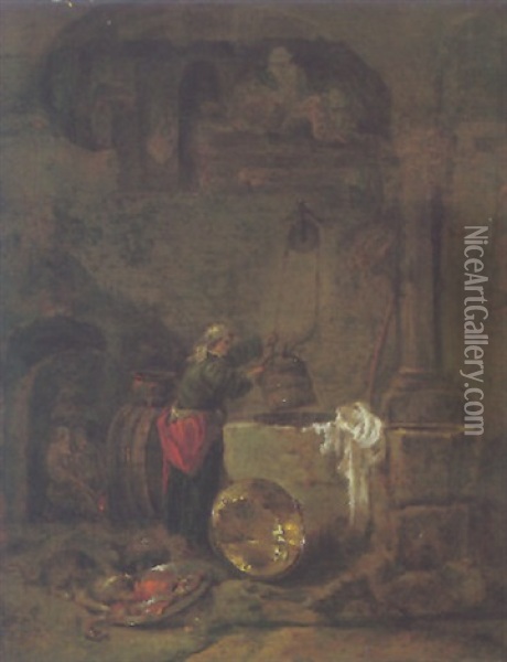 A Woman Drawing Water From A Well Under An Arcade Oil Painting - Willem Kalf
