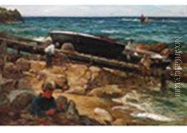 Fishermen And Boys By A Slipway Oil Painting - John Robertson Reid