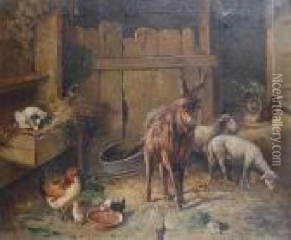 A Donkey, Sheep And Chickens In A Barn Oil Painting - Filippo Palizzi