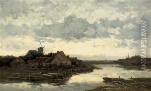 Avond Stond Bij Hagen - Houses Along A River Oil Painting - Willem Cornelis Rip