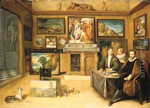 The interior of a collector's cabinet with Justus Lipsius and two constliefhebbers Oil Painting - Frans II Francken