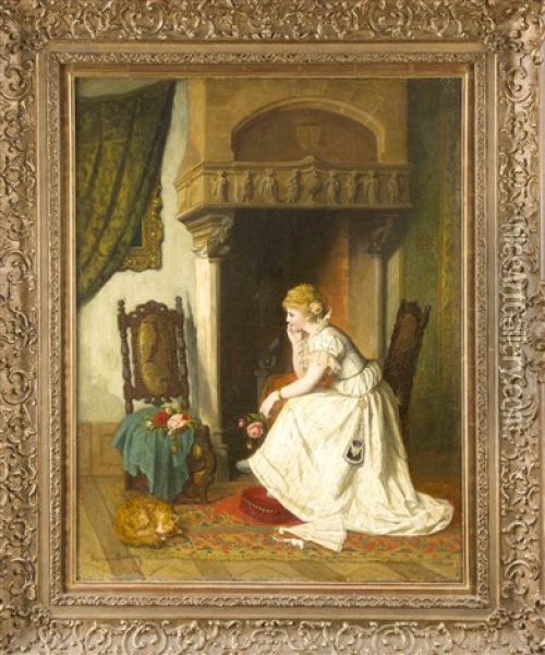 Junge Frau Sitzt Sinnierend Mit Dem Ihr Geschenkten Rosenstrauss Spielend Vor Einem Grosen Kamin Oil Painting - Auguste Ludwig