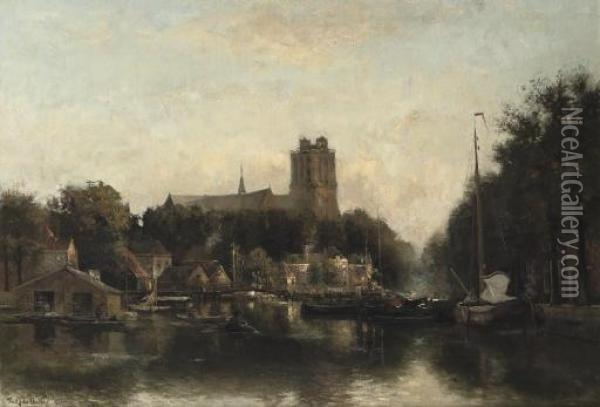 The New Harbour Of Dordrecht With The Grote Kerk Beyond Oil Painting - Fredericus Jacobus Van Rossum Du Chattel