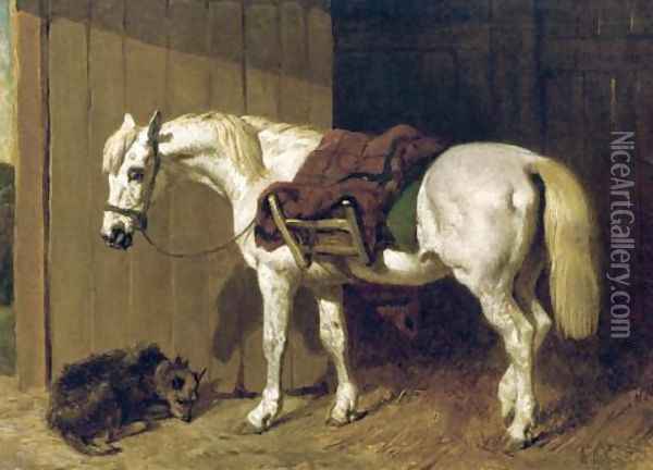 A Grey Pony with a Dog by Stable Door Oil Painting - John Frederick Herring Snr