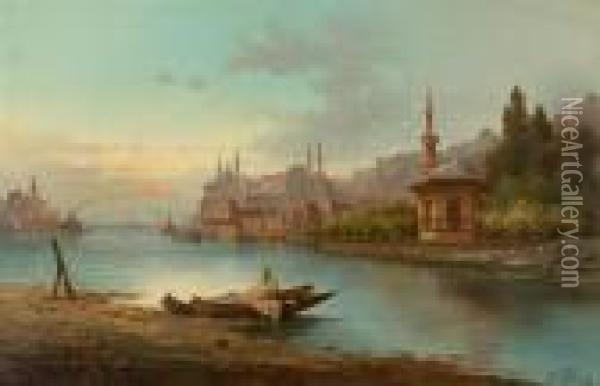 View Of Constantinople In The Evening. 1879. Oil Painting - Karl Kaufmann