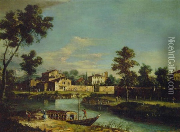 River Landscapes With Villas In The Veneto Oil Painting - Giovanni Battista Cimaroli