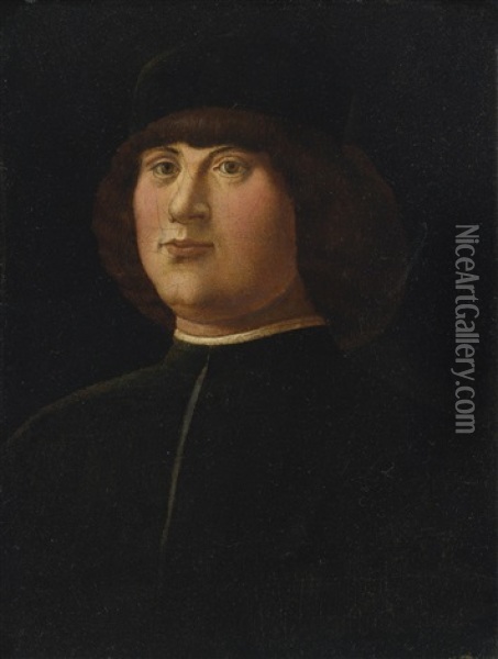 Portrait Of A Gentleman In A Black Cap With An Elaborate Zazzera Oil Painting - Alvise Vivarini