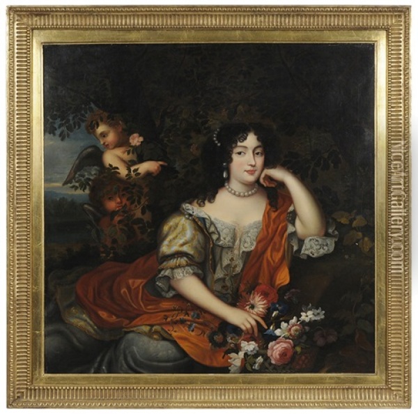 Louise Renee De Penancoet De Kerouaille, Duchess Of Portsmouth, In A Landscape With Cherubs Oil Painting - Pierre Mignard the Elder