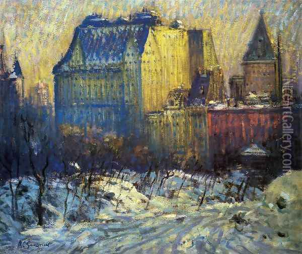 A View of the Plaza from Central Park in Winter Oil Painting - Arthur C. Goodwin