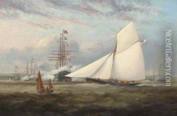 The Cutter 
Brunette
 Racing In Osborne Bay, The Royal Yachtbeyond, With Warships Saluting Her As She Passes Oil Painting - Arthur Wellington Fowles