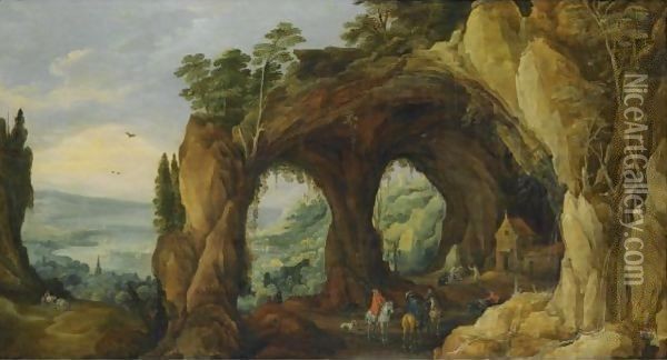 An Extensive River Landscape With Horsemen Before A Rocky Arch In The Foreground Oil Painting - Joos De Momper