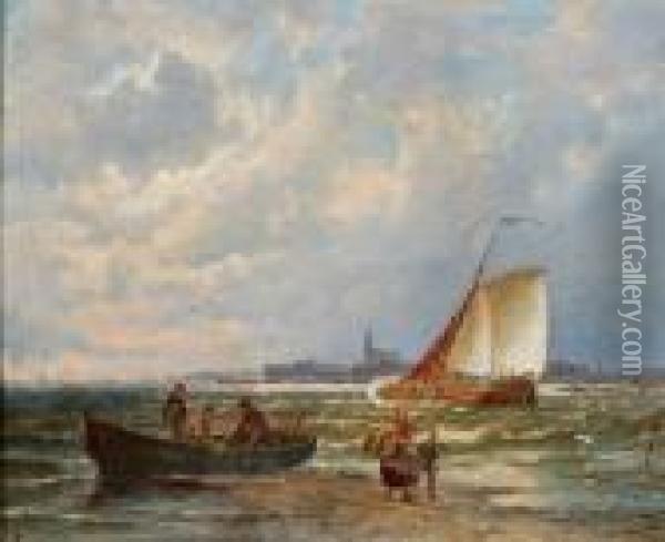 Vissers Bij Sloep Aan De Waterkant, Mogelijk Bij Kampen Oil Painting - Pieter Cornelis Dommershuijzen