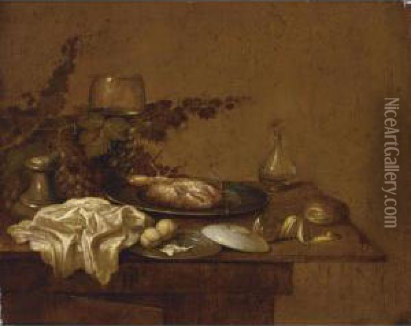 A Still Life With A Crab On A Pewter Plate, A Roemer, A Salt Cellar, A White Cloth, Peaches, A Peeled Lemon, A Bun And Grapes, All On A Wooden Table Oil Painting - Gerrit Van Vucht