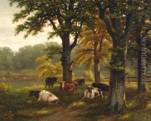 Cows In The Shade Of Trees Oil Painting - Albertus Gerardus Bilders