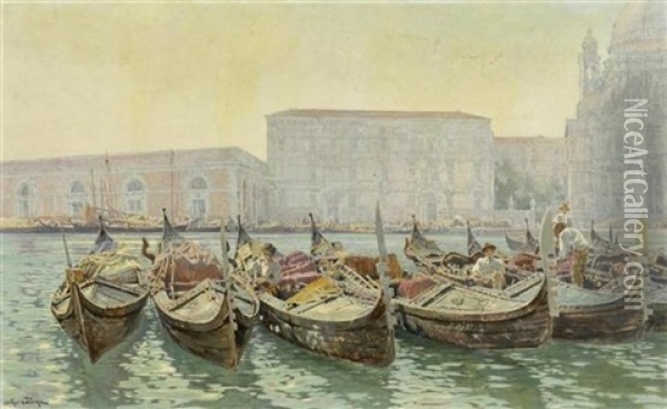 Venezianische Gondeln Vor Santa Maria Della Salute, Venedig Oil Painting - Jean-Baptiste-Arthur Calame