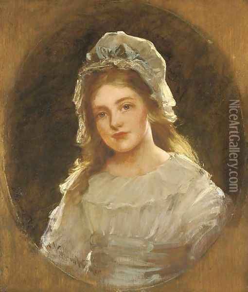 Portrait of a girl, possibly the artist's daughter Dorothy, half-length, wearing a white dress and bonnet, and a blue sash Oil Painting - John Hanson Walker