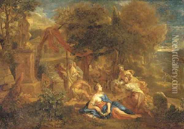 A classical landscape with an altar, a banquet and maidens with flowers and doves in the foreground Oil Painting - Johannes (Polidoro) Glauber