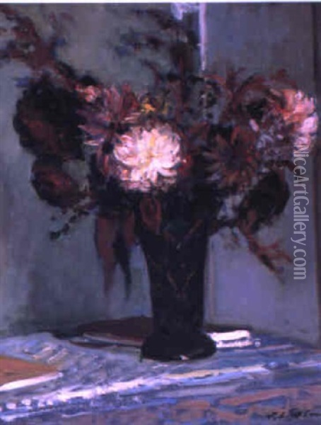 Roses And Chrysanthemums In A Vase On A Table Oil Painting - Jacques-Emile Blanche