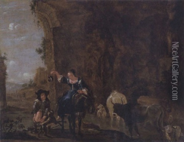 Herdsman With Animals In A Landscape Oil Painting - Jan Asselijn