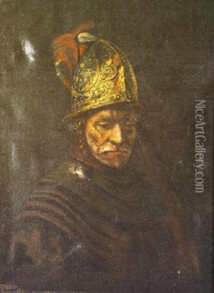 Half Length Portrait Of A Soldier In A Helmet Oil Painting - Rembrandt Van Rijn