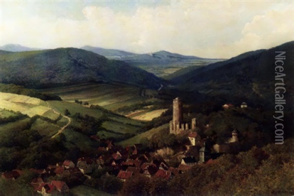 Blick Auf Dorf Und Burg Reifferscheid In Der Eifel Oil Painting - Heinrich Deiters