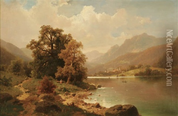 Mountain Lake Scene Oil Painting - Adolf Chwala