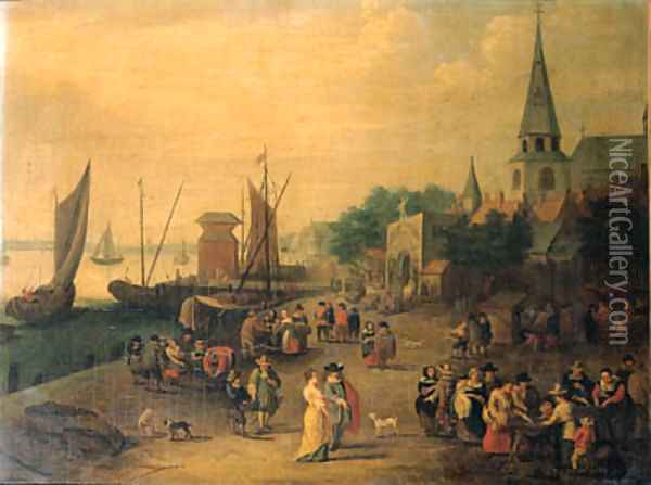 A fishmonger on a quay outside a city gate Oil Painting - Pieter Gysels
