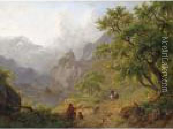 Travellers Resting On A Path In A Mountainous Landscape Oil Painting - Frederik Marianus Kruseman