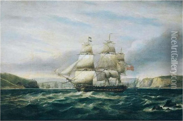 A British Frigate Off Torbay Oil Painting - Thomas Luny