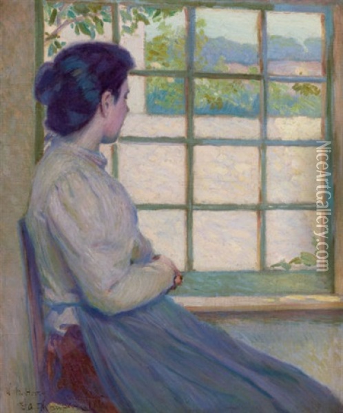 Woman Looking Out A Window (portrait Of A.m. Hooey) Oil Painting - George Albert Thompson