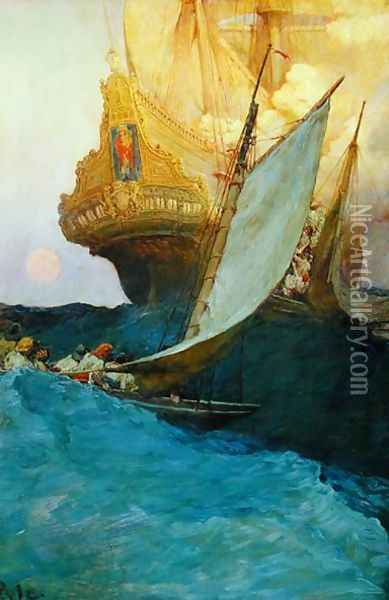 An Attack on a Galleon, from The Fate of Treasure Town by Howard Pyle, published in Harpers Monthly Magazine, 1905 Oil Painting - Howard Pyle