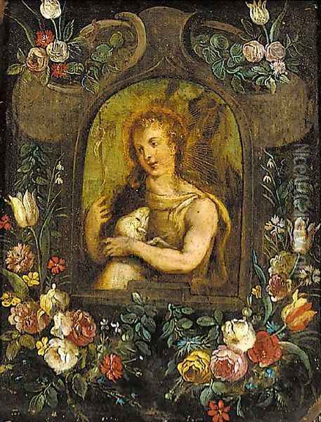Saint John the Baptist in a niche surrounded by roses, tulips and other flowers Oil Painting - Daniel Seghers