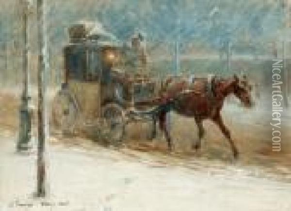 Boulevard Scene With Horse And Coach Inwinter Oil Painting - Nils Kreuger