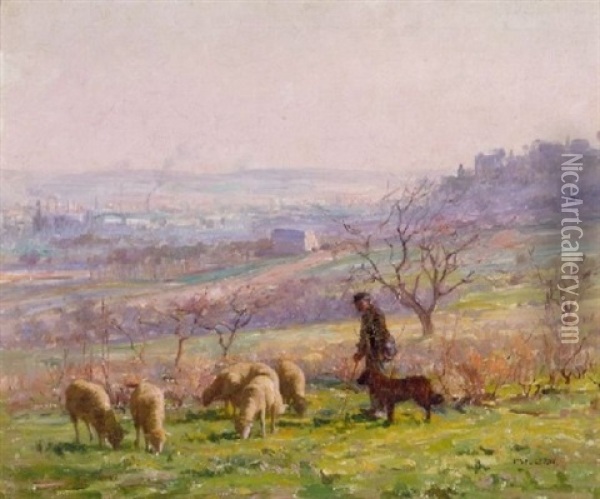 Farmer With His Flock Of Sheep Outside A French City Oil Painting - Paul Alexandre Alfred Leroy